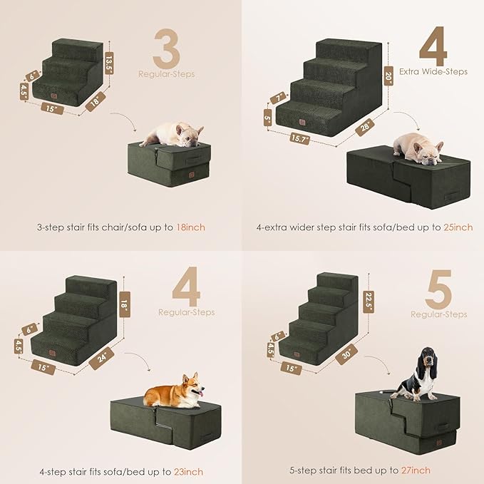 EHEYCIGA Dog Stairs for Bed 20”H, 4-Step Extra Wide Dog Steps for High Bed, Pet Steps for Small Dogs and Cats, Non-Slip Balanced Dog Indoor Ramp, Olive Green