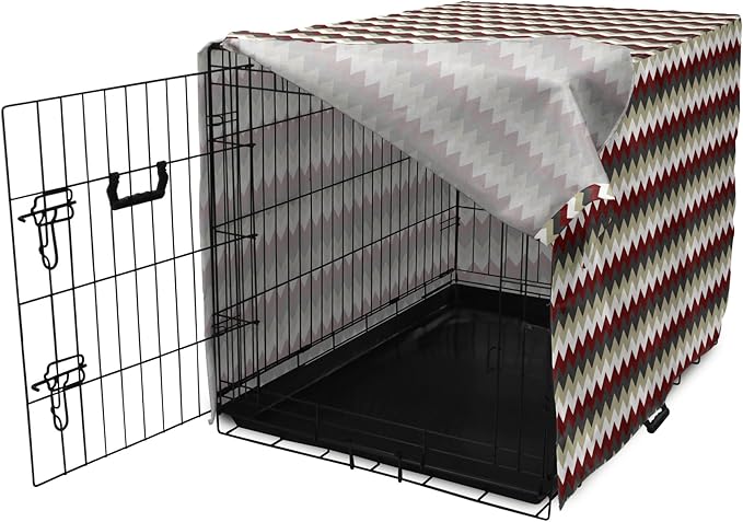 Lunarable Chevron Dog Crate Cover, Chevron Pattern with Vivid Color Scheme Stripes Design Modern Geometric, Easy to Use Pet Kennel Cover for Medium Large Dogs, 48 Inch, Burgundy Grey Eggshell