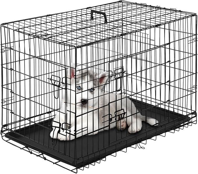 PayLessHere Large Dog Crate Kennel for Medium Large Dogs 24 inches Metal Dog Cage Double-Door Folding Travel Indoor Outdoor Puppy Playpen with Divider and Handle Plastic Tray,Black