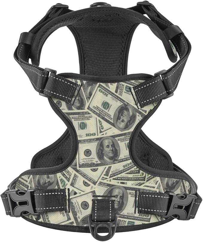 No Pull Dog Harness for Medium Dogs Easy Walk Dog Vest Adjustable Collars Harnesses & Leashes Set Breathable Oxford Outdoor Walking Safety Reflective Strip Dollar Cash Prints