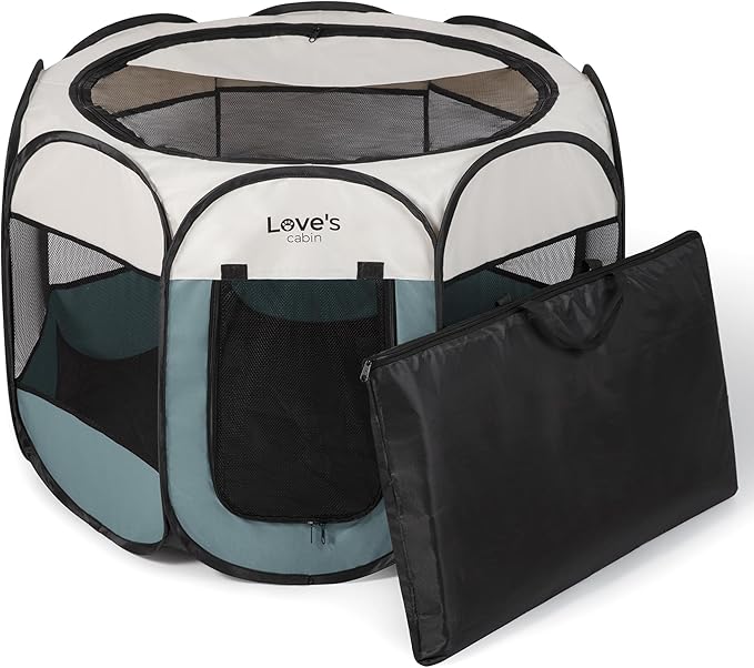 Love's cabin Pet Puppy Dog Playpen, Large Dog Tent Crates Cage Indoor/Outdoor, Portable Playpen for Cat, Foldable Pop Up Dog Kennel Playpen with Carring Case, Removable Zipper Top, Moss Green