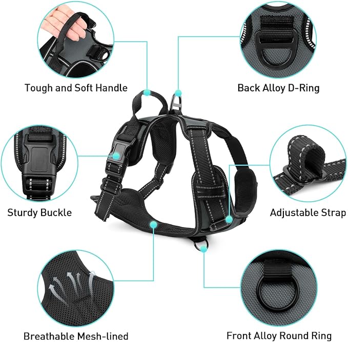 Joytale No Pull Dog Harness for Extra Large Dogs, Reflective Pet Vest with Front Clip, Adjustable Soft Padded Harnesses with Easy Control Handle for Training and Walking, Gray, XL