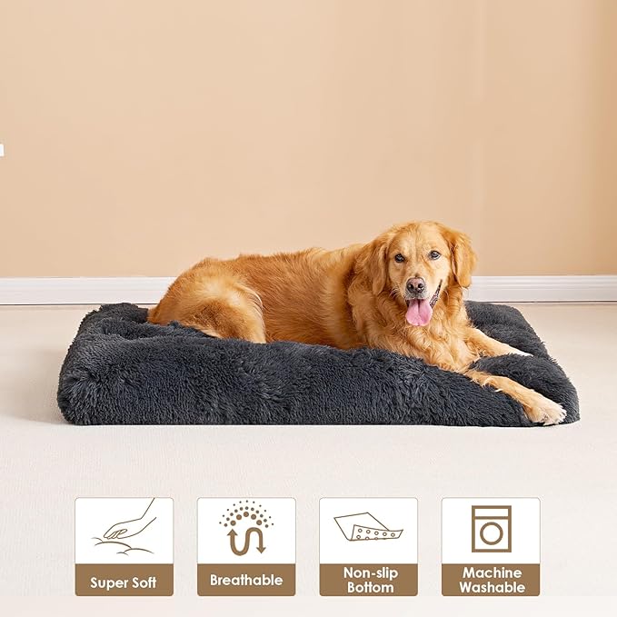 EHEYCIGA Fluffy Dog Crate Bed for Extra Large Dogs, Plush Faux Fur Dog Crate Pad, Calming Anti Anxiety XL Dog Bed for Crate, Washable Soft Warm Dog Crate Mat with Non-Slip Bottom, Dark Grey