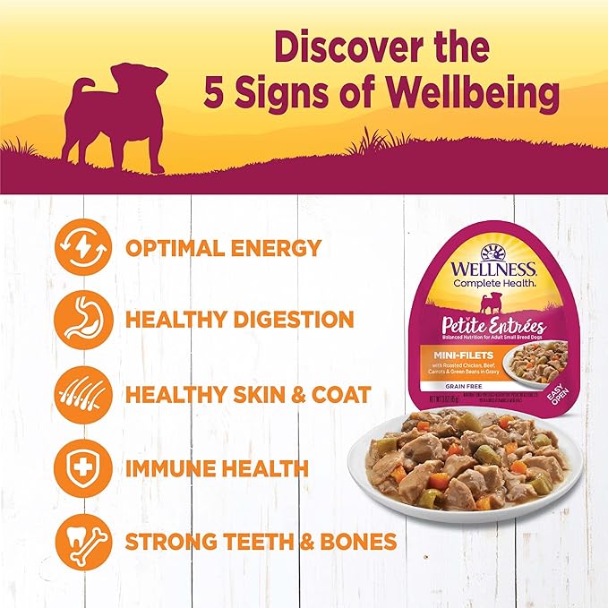 Wellness Petite Entrees Mini Fillets Natural Wet Small Breed Dog Food, Roasted Chicken, Beef, Carrots & Green Beans, 3-Ounce Cup (Pack of 24)