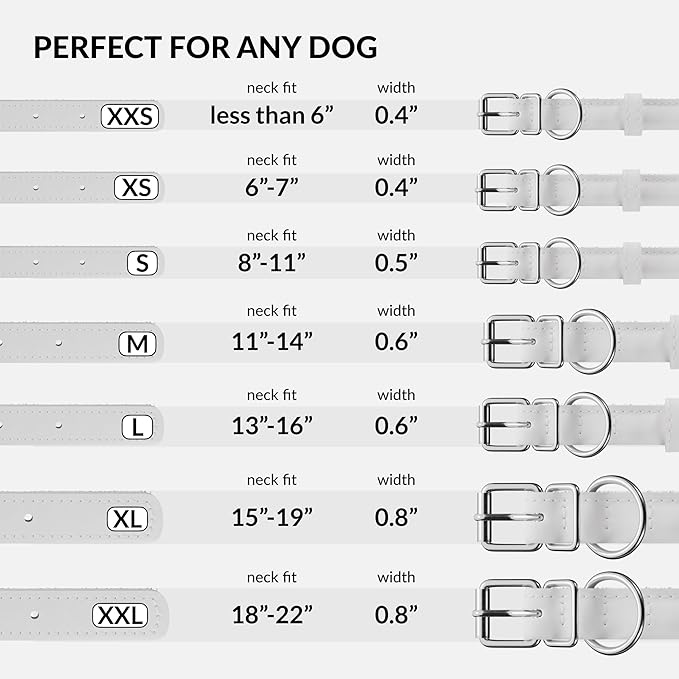 CollarDirect Rolled Leather Dog Collar, Soft Padded Round Puppy Collar, Handmade Genuine Leather Collar Dog Small Large Cat Collars 13 Colors (6-7 Inch, White Smooth)