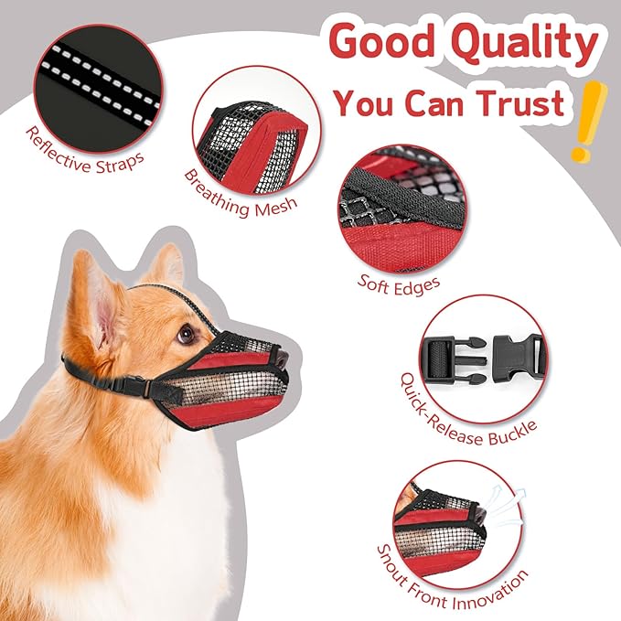 Dog Muzzle for Large Medium Small Dogs, Soft Mesh Muzzle for Dogs with Reflective Adjustable Strap, Prevent Biting Chewing and Licking, Dog Nose Open Design for Reduction Friction (Red, M)