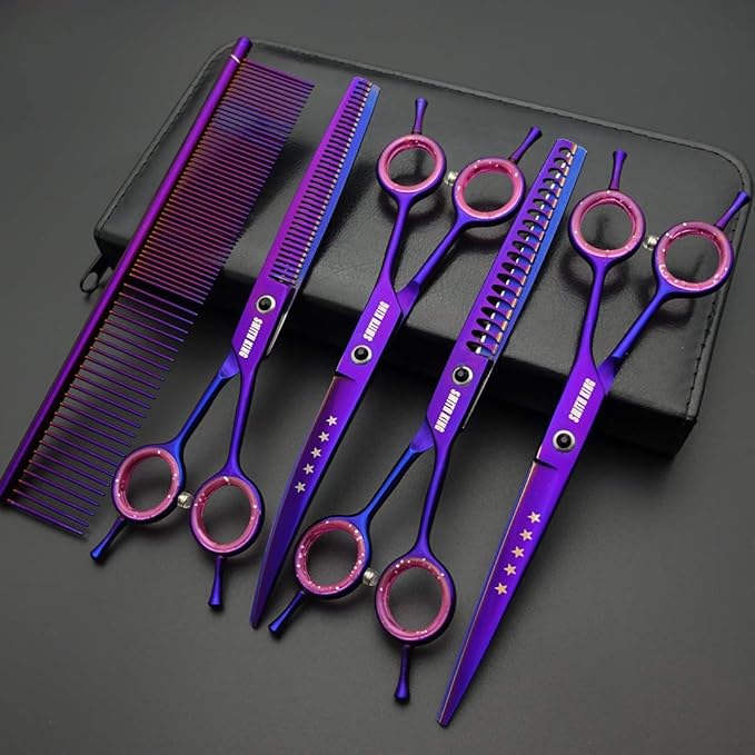 7.0 inches Professional Dog Grooming Scissors Set Straight & thinning & Curved & chunkers & comb 5pcs in 1 Set for left-handed & right handed