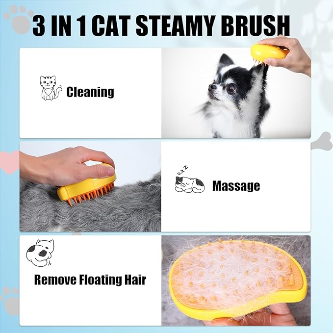 3 in 1 Water Brush with Steam for Pet Grooming - Dog and Cat Grooming Brush with Steam, Cepillo Para Gatos ALD-001-Y (Banana Yellow)