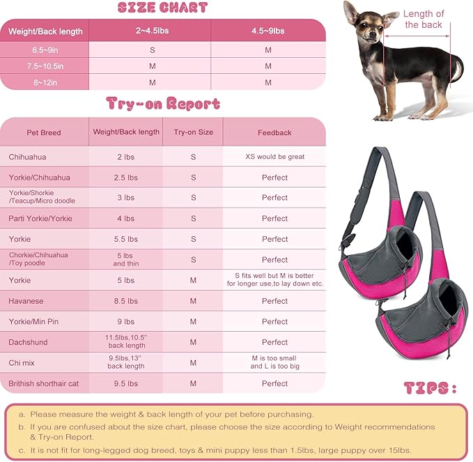 YUDODO Pet Dog Sling Carrier Mesh Hand Free Adjustable Dog Satchel Carrier Bag Papoose Crossbody for Small Medium Dog Cat Rabbit (S(up to 5 lbs), Pink)