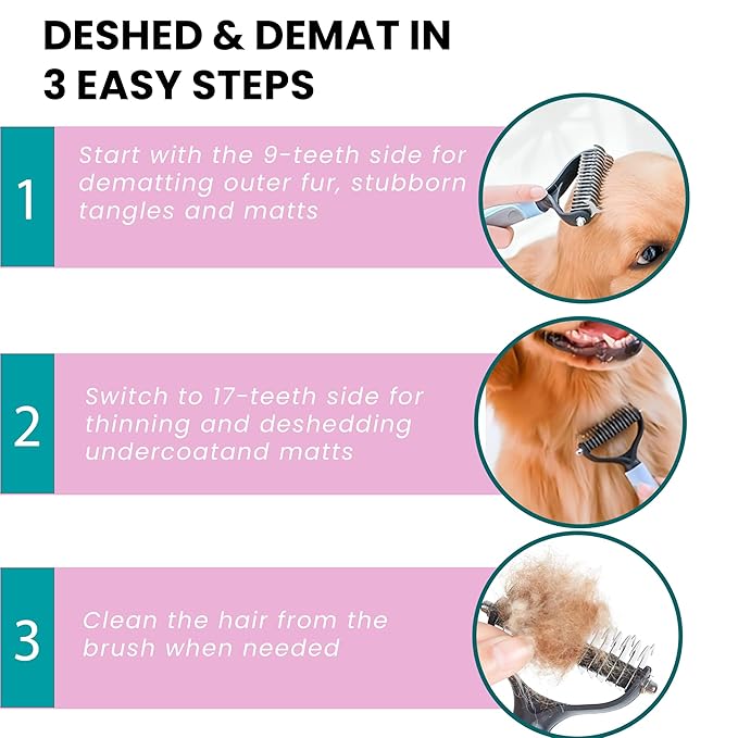 Pet Grooming Brush - Shedding Comb & Dematting Tool for Dogs & Cats, Extra Wide Undercoat Rake, Pink