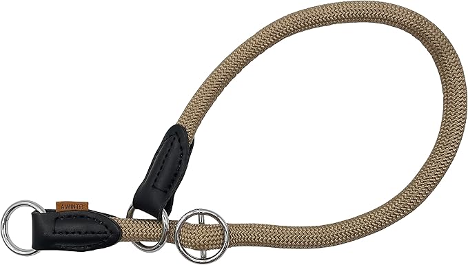 Braided Rope Collar, Pro Training Dog Collar, No Pull Round Martingale Collar, Slip Collar with Slidable Stop Ring - Ideal for Large Dogs (L(1/2") - 22" Long, Khaki)