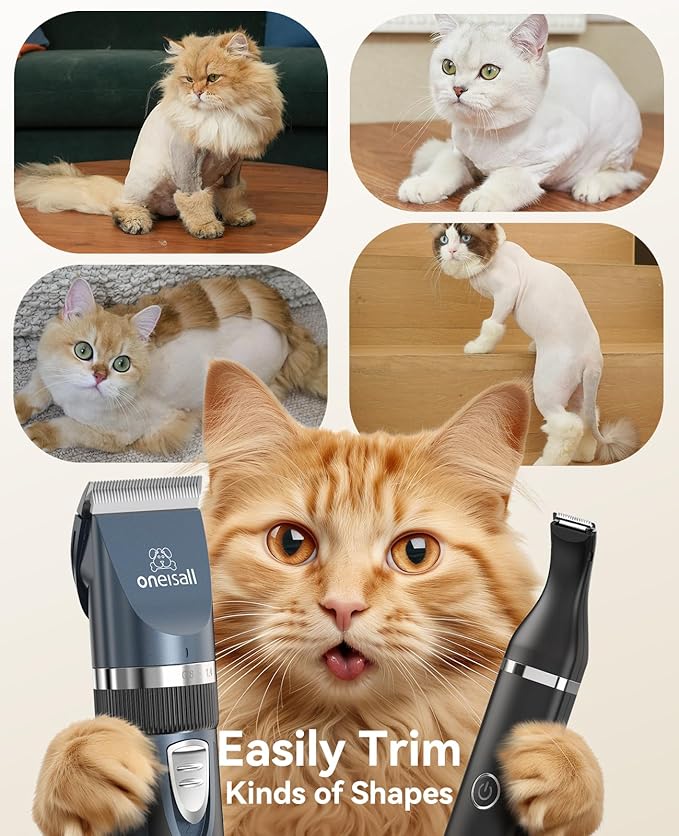oneisall Cat Clippers and Paw Trimmer 3 in 1,Cat Grooming Kit,Cat Clippers for Matted Hair,Cordless Cat Shaver for Matted Long Hair,2 Speed Cat Hair Trimmer,Pet Clippers for Cats and Small Dogs