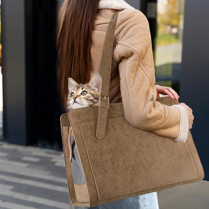 Stylish Pet Carrier Purse Leather Bag for Small Dogs Cats Puppy,Airline Approved Soft-Sided Carriers (Vintage Brown)