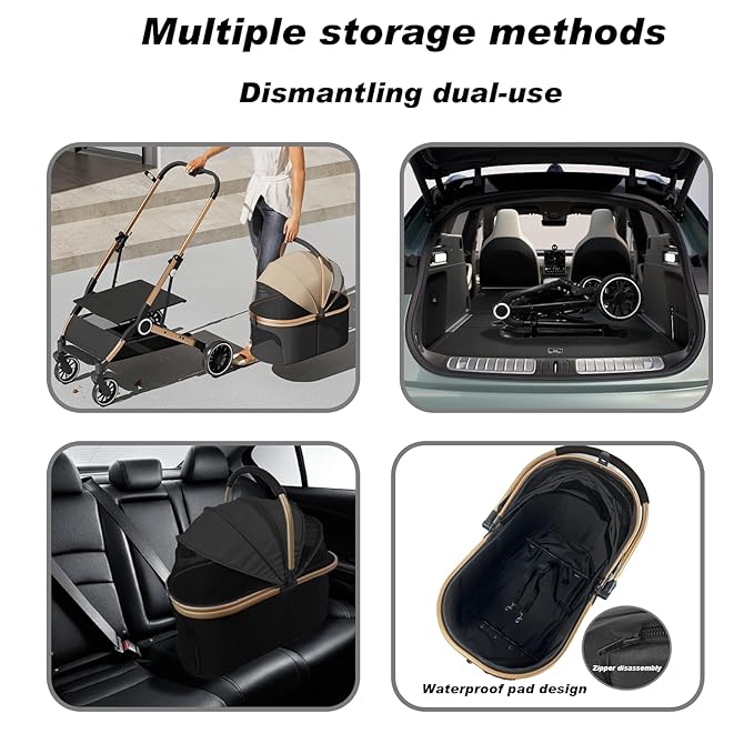 3 in 1 Folding Pet Stroller, Detachable Folding Medium and Small Pet Dog Cat Strollers with Storage Bins and Cup Holders Carbon Steel Frame 4-Wheel Pet Travel Stroller (Black)