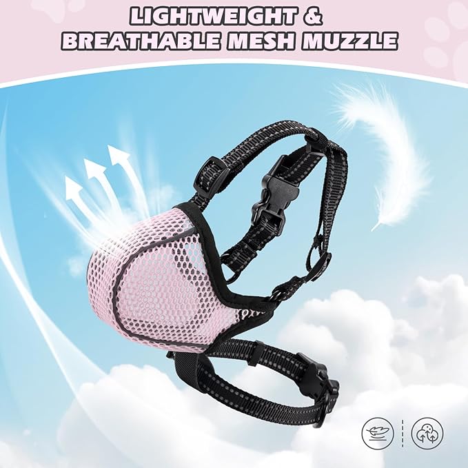 Dog Muzzle,Mesh Soft Muzzle for Small Medium Large Sized Dogs, Breathable Reflective Adjustable Puppy Muzzles with Collar for Scavenging Grooming Biting Chewing,Allows Panting and Drinking(Pink S)