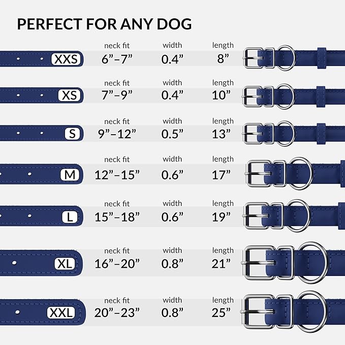 CollarDirect Rolled Leather Dog Collar, Soft Padded Round Puppy Collar, Handmade Genuine Leather Collar Dog Small Large Cat Collars 13 Colors (12-15 Inch, Dark Blue Textured)