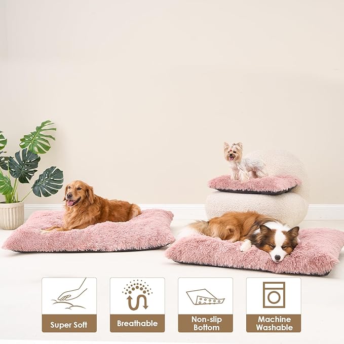 EHEYCIGA Fluffy Dog Crate Bed for Extra Large Dogs, Plush Faux Fur Dog Crate Pad, Calming Anti Anxiety XL Dog Bed for Crate, Washable Soft Warm Dog Crate Mat with Non-Slip Bottom, Pink