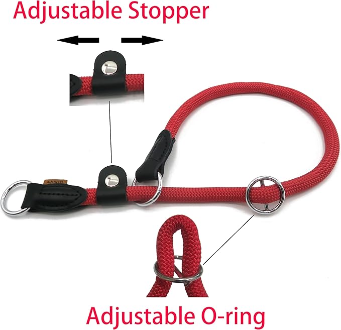 Braided Rope Collar, Training Dog Collar, Round Martingale Collar, Slip Collar with Adjustable Stopper and Slidable Stop Ring - Ideal for Small Dogs (S(1/4") - 14" Long, Red)
