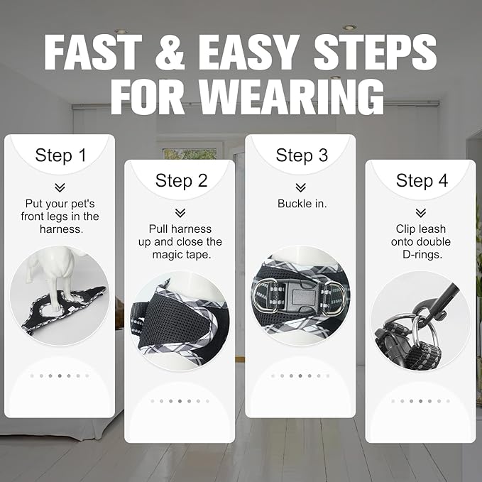 BEAUTYZOO Step in Dog Harness and Leash Set,Reflective Dog Harness No Pull No Choke Puppy Harness for Small Medium Large Dogs Cats,Soft Padded Mesh Vest Harnesses for Girl and Boy Pets,Black Plaid M