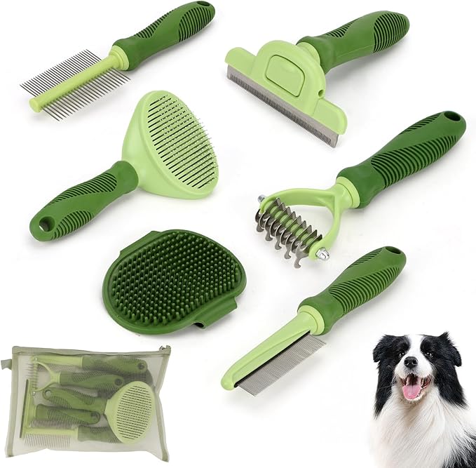 Nobleza 6PCS Dog Grooming Kit, Self-Cleaning Slicker Brush with Massage Tips, Dematting Comb for Shedding and Tangles, Ergonomic Bath Brush, Adjustable Handle, Safe for Dog Cat Puppy, Green