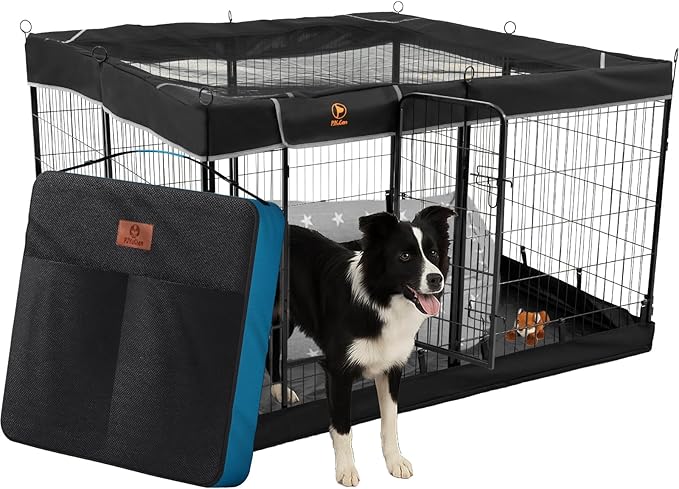 PJYuCien Dog Playpen Plus Storage Bag,32" H 8 Panels Puppy Pen with Square Bottom & Top Cover,Heavy Duty Dog Fence for Camping