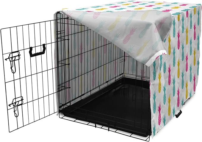 Lunarable Yellow Pineapple Dog Crate Cover, Rhythmic Ananas Fruits in Colorful Design Summer Tropical Concept, Easy to Use Pet Kennel Cover for Medium Large Dogs, 48 Inch, Turquoise Hot Pink