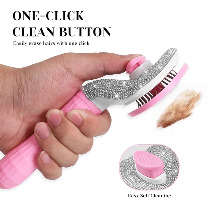 Full Diamonds Self Cleaning Slicker Brush for Dogs & Cats, Skin Friendly Grooming Cat Brush, Dog Brush for Shedding, Deshedding Brush, Rhinstone Hair Brush Puppy Brush for Haired Dogs,Pink