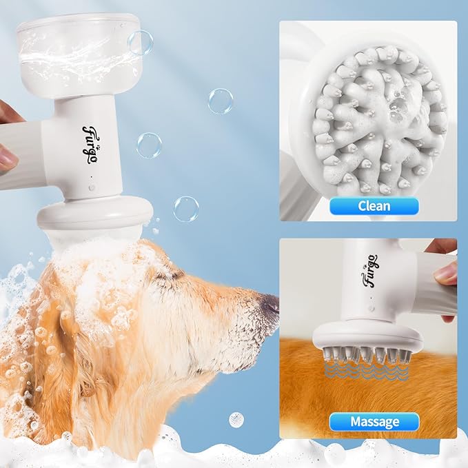 Furgo Dog Bath Brush with Automatic Shampoo & Foam Dispenser, Soft Silicone Massage Brush for Deep Cleansing, Nourishing & Grooming, Rechargeable Cat Foam Sprayer for All Hair Types Pets