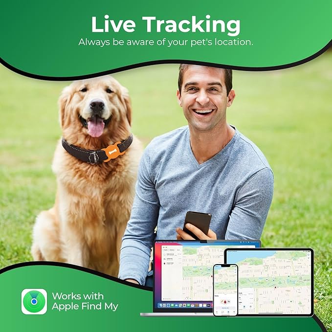 Smart Pet Tracker, Dog Tracker with Black Collar Holder, Smart Tag for Seamless Location Tracking, Work with Find My, Not GPS Tracker (Orange)