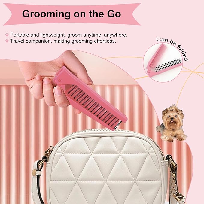 Folding Small Dog Grooming Brush - Perfect for Shih Tzus, Yorkies, and Maltipoos - Ideal Puppy Hair Brushes for Maltese and Small Breeds(Hot Pink)
