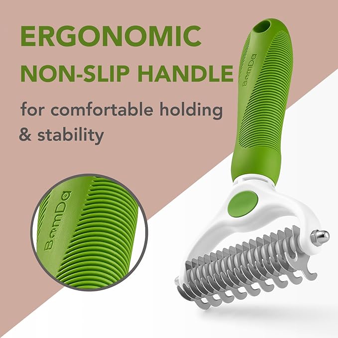 Pet Grooming Brush- Double Sided Dematting and Deshedding Undercoat Rake Brush for Dogs and Cats, Green