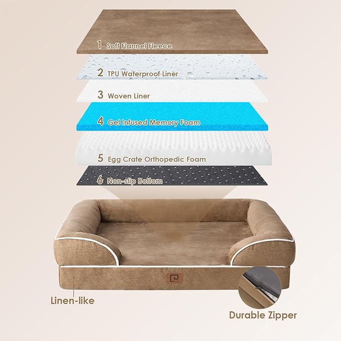 EHEYCIGA Orthopedic Dog Beds for Large Dogs, Waterproof Memory Foam Large Dog Bed with Sides, Non-Slip Bottom and Egg-Crate Foam Large Dog Couch Bed with Washable Removable Cover, Camel