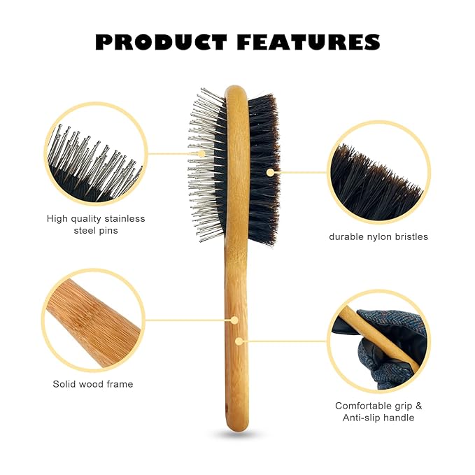 Der Meister Dogs & Cats Double Sided Boar Bristle Pin Brush, Pets Hair Remover, Gently Cleaning Grooming Tool with Bamboo Handle, Remove Loose Hair, Fur, Undercoat, Mats, Tangle, Knots