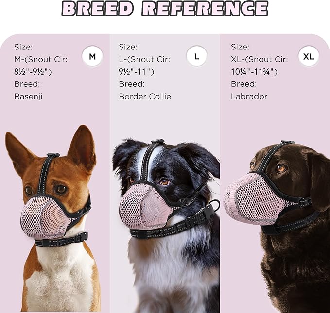 Dog Muzzle,Mesh Soft Muzzle for Small Medium Large Sized Dogs, Breathable Reflective Adjustable Puppy Muzzles with Collar for Scavenging Grooming Biting Chewing,Allows Panting and Drinking(Pink S)