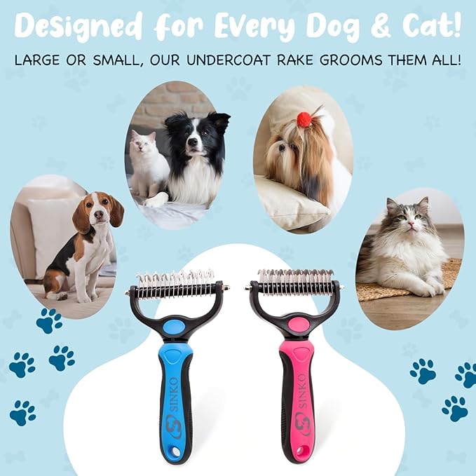 Sinko Undercoat Rake for Dogs & Cats, Dematting Comb with Extra Wide Double-Sided Stainless Teeth for Detangling, Deshedding, Brushing & Removing Shed Fur, Knots, Mats, and Tangles in Pets (Blue)