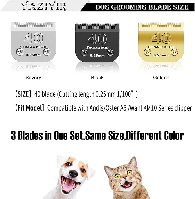 3 Color 40# Detachable Pet Dog Grooming Ceramic Blades,Compatible with Andis,Oster A5,Wahl KM-10 Series,Size #40 Blade 1/100-Inch 0.25MM Cut Length(Silver+Black+Golden)
