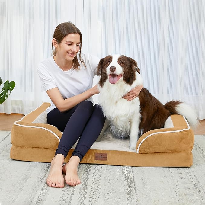 Extra Large Dog Beds, XL Dog Beds Waterproof, Orthopedic Dog Bed with Bolster, Washable Dog Bed Sofa Pet Bed with Removable Cover & Non-Slip Bottom(X-Large,Khaki)