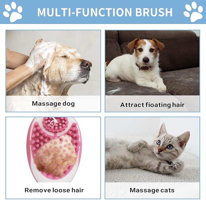 WishLotus Pet Bath Brush, Puppy Massage Brush with Shampoo Dispenser Pet Grooming Tool for Small Animals Soft Silicone Dog Shower Brush for Long Short Haired Dog and Cat Washing (Pink)