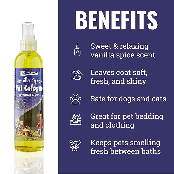 Kenic Vanilla Pet Cologne, Long-Lasting Dog Deodorizing Spray for Freshness & Shine, pH-Balanced, Odor-Neutralizing & Conditioning, Safe for Pets & Their Belongings, Made in the USA