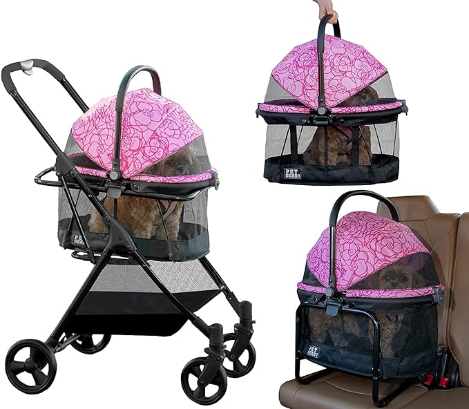 Pet Gear 3-in-1 Travel System, View 360 Stroller Converts to Carrier and Booster Seat with Easy Click N Go Technology, for Small Dogs & Cats, 4 Colors New Pink Floral