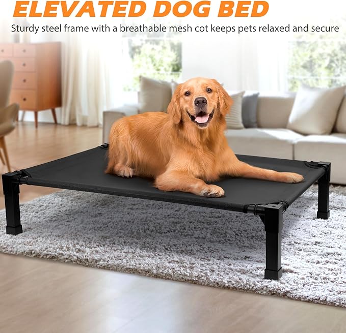 Cooling Elevated Dog Bed, Raised Dog Bed with Washable Breathable Mesh and Metal Frame, Portable Dog Cot Bed with No-Slip Feet for Outdoor and Indoor Use
