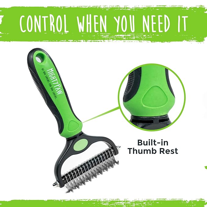 Mighty Paw Dog Grooming Brush - 2-In-1 Dual Sided Comb - Round Tip For Maximum Coat Penetration - Stainless Steel Teeth That Won't Rust Or Discolor - Built-In Thumb Rest For The Control When You Need