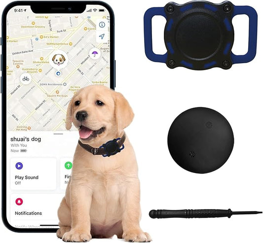 Dog Tracker, Pet Location Tracker with Collar Holder for Dogs Smart Device, Item Finder Waterproof & No Monthly Fee, Compatible with iOS Find My, Non-GPS Tracker (Black and Blue)