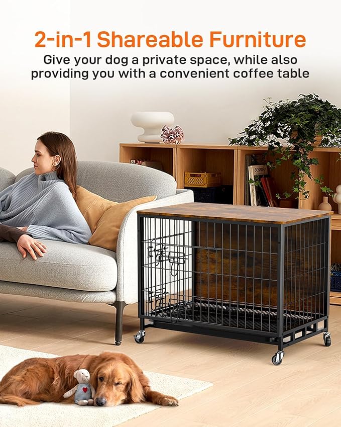 Dog Crate Furniture, Dog Kennel with Dual Doors, Removable Tray & 360° Wheels, Indoor for Large Dogs (Brown & Black, Large)