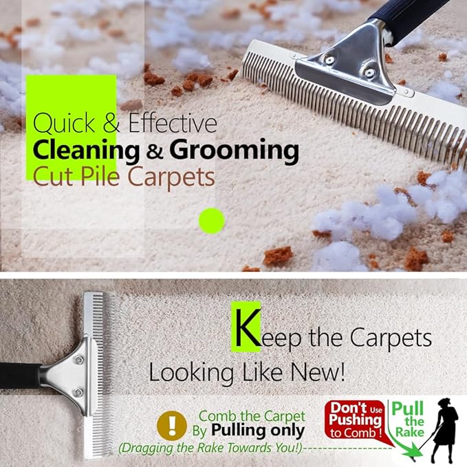 Pet Hair Carpet Rake - Multi-Surface Brush & Broom for Fluffy Rugs & Carpets - Efficient Pet Hair Removal Tool