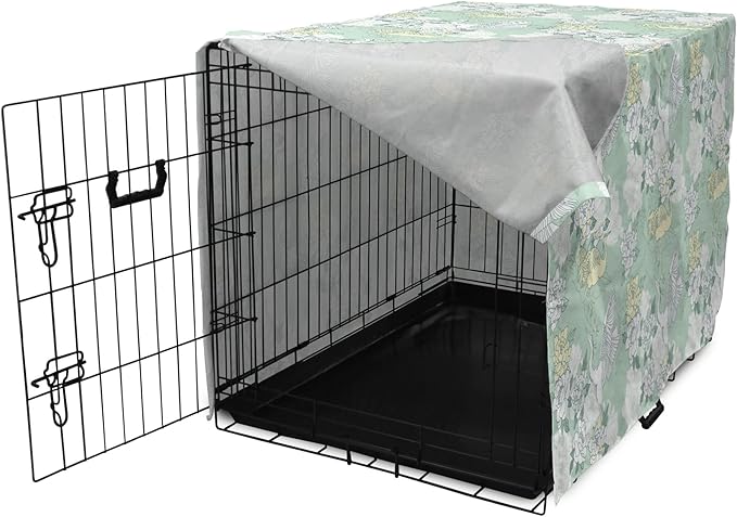 Lunarable Traditional Dog Crate Cover, Japanese Cranes Peonies Cultural Aspects Symbolic of Happy Life, Easy to Use Pet Kennel Cover for Small Dogs Puppies Kittens, 22 Inch, Avocado Green Pale Green
