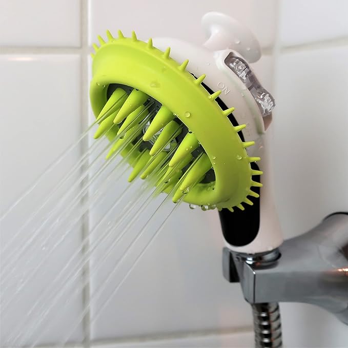 WD Handheld Shower Brush with On/Off Switch | Shield Water While Brushing and Washing Simultaneously | Dog Washing Shower Attachment