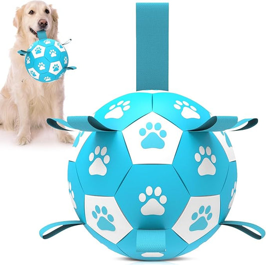 QDAN Dog Toys Soccer Ball with Straps - Durable Dog Balls for Large Dogs, Beach Pool Dog Water Toy, Dog Tug Toys for Tug of War, Puppy Dog Birthday Gifts (8 Inch)