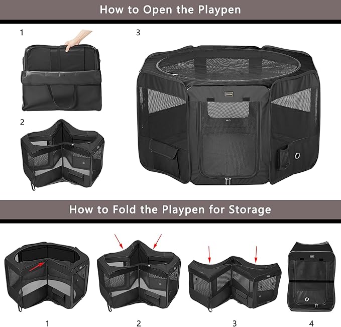 DONORO Dog Playpen Portable Pet Play Pens for Small Dog/Cat/Rabbit/Chicks, Cat Playpen Indoor/Outdoor with Carring Case, Removable Zipper Top and Bottom (Black, Large (46"x46"x23"), 8)