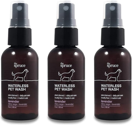 The Spruce Waterless Pet Wash, No Rinse Moisturizing Shampoo for Pets - Daily Pet Care - Cleaning, Cleansing, and Conditioning for Dogs, Puppies, and Cats - 2 oz Travel Size, 3 Pack, Lavender